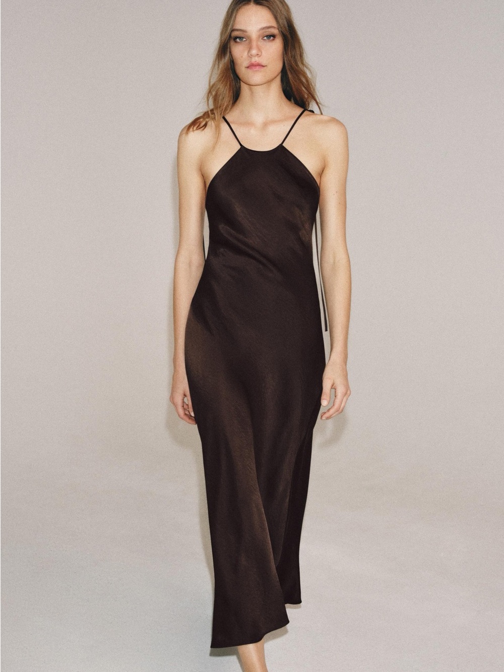 Zara Dark Brown Satin Maxi Slip Dress
